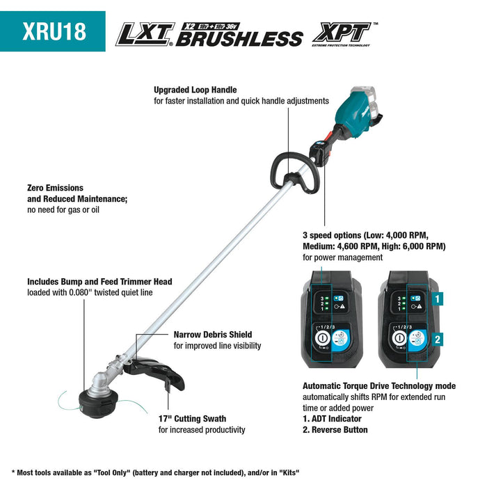 Makita (XRU18PT) 36V (18V X2) LXT® Brushless String Trimmer Kit, dual port charger (5.0Ah)