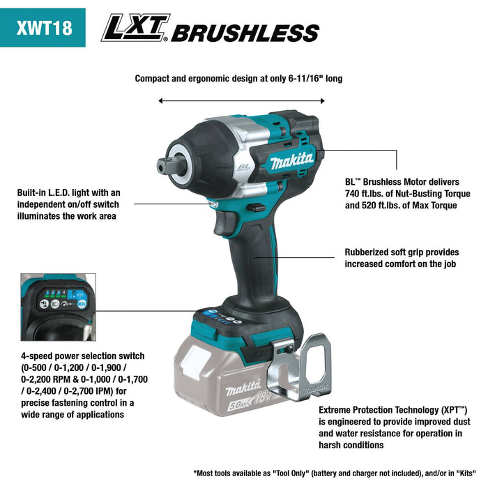 Makita (XWT18Z-R) 18V LXT® Brushless 4-Speed Mid-Torque 1/2" Sq. Drive Impact Wrench w/ Detent Anvil, (Tool Only) (Factory Reconditioned)