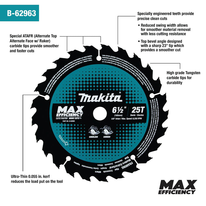 Makita (B-62963) 6-1/2" 25T Carbide-Tipped Max Efficiency Ultra-Thin Kerf Circular Saw Blade, Framing