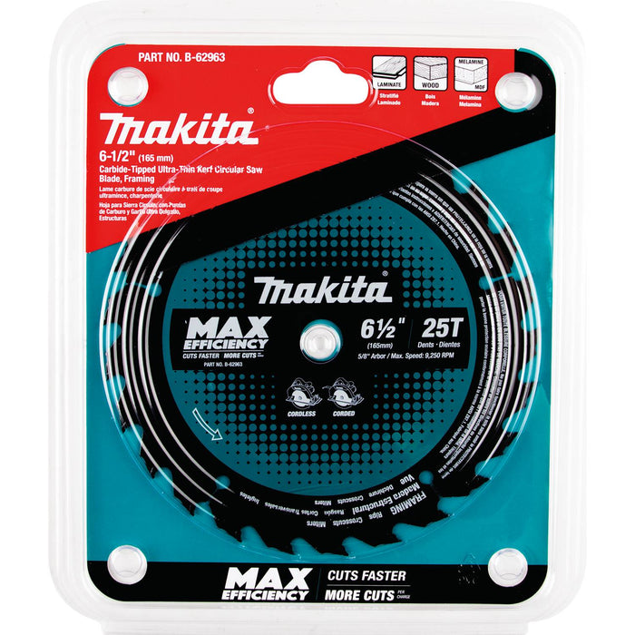 Makita (B-62963) 6-1/2" 25T Carbide-Tipped Max Efficiency Ultra-Thin Kerf Circular Saw Blade, Framing