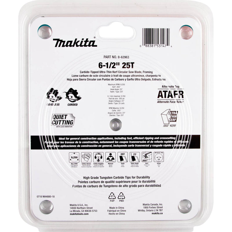 Makita (B-62963) 6-1/2" 25T Carbide-Tipped Max Efficiency Ultra-Thin Kerf Circular Saw Blade, Framing