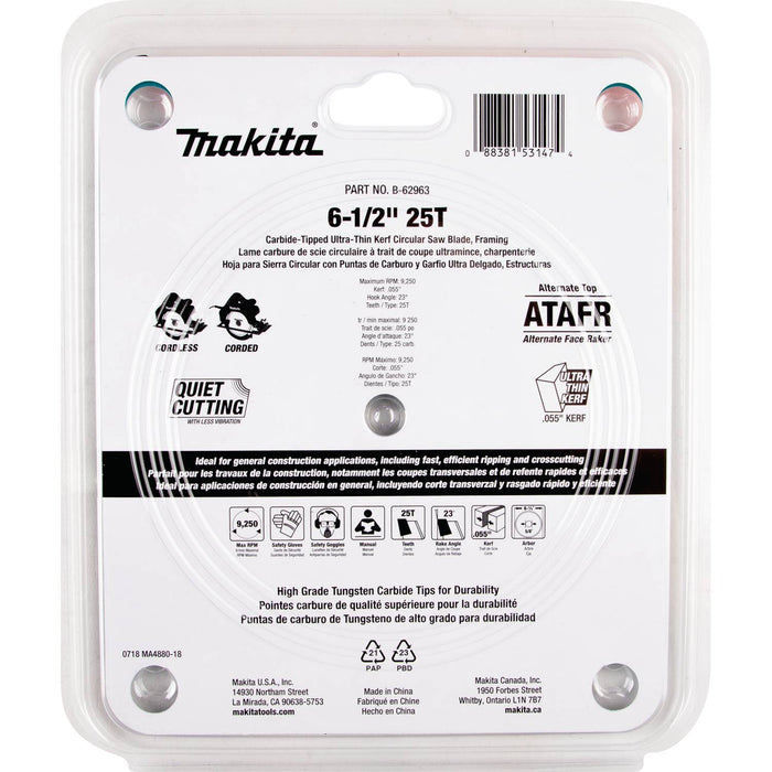 Makita (B-62963) 6-1/2" 25T Carbide-Tipped Max Efficiency Ultra-Thin Kerf Circular Saw Blade, Framing