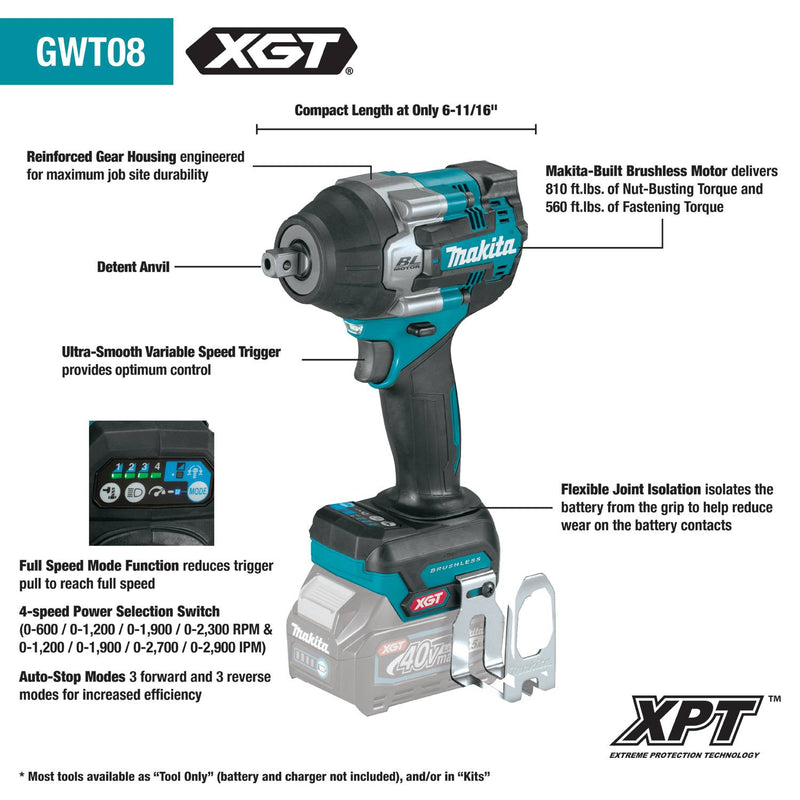 Makita (GWT08D-R) 40V max XGT® Brushless 4-Speed Mid-Torque 1/2" Sq. Drive Impact Wrench w/ Detent Anvil (Factory Reconditioned)