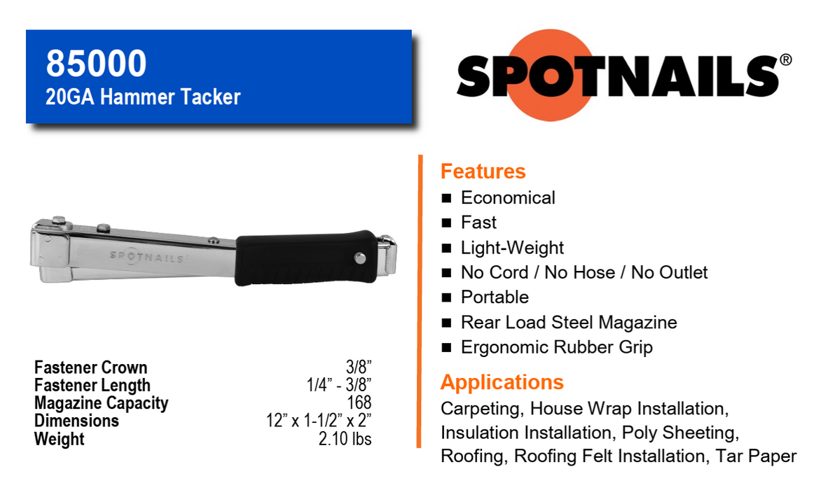 Spotnails 20GA 3/8” Crown Hammer Tacker (1/4” – 3/8”)