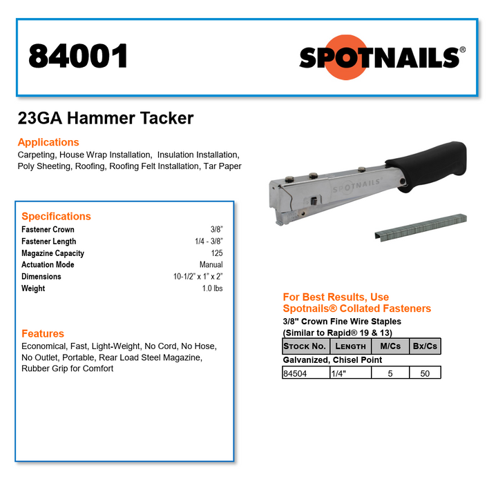Spotnails 23GA 3/8” Crown Hammer Tacker (1/4” – 3/8”)