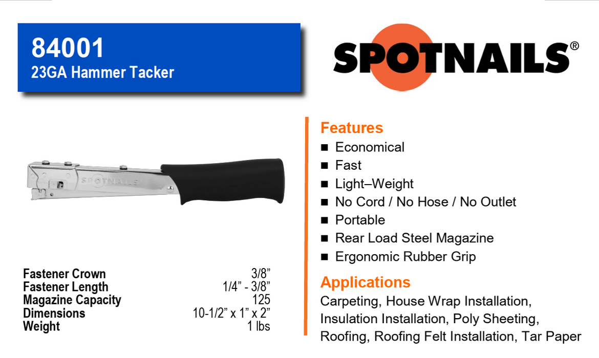 Spotnails 23GA 3/8” Crown Hammer Tacker (1/4” – 3/8”)