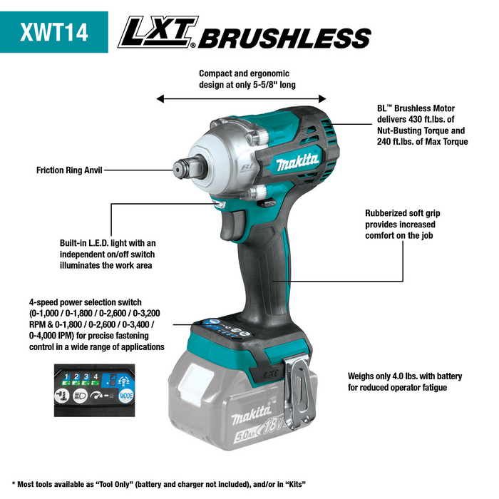 Makita (XWT14Z) LXT® Brushless 4-Speed 1/2" Sq. Drive Impact Wrench w/ Friction Ring Anvil (Tool Only)