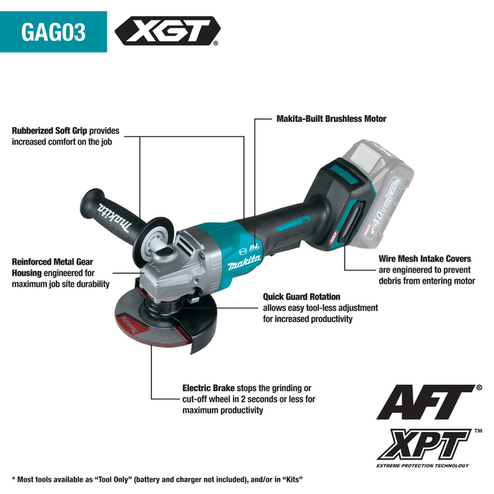 Makita (GAG03Z) 40V max XGT® Brushless  4-1/2” / 5" Paddle Switch Angle Grinder, with Electric Brake (Tool Only)