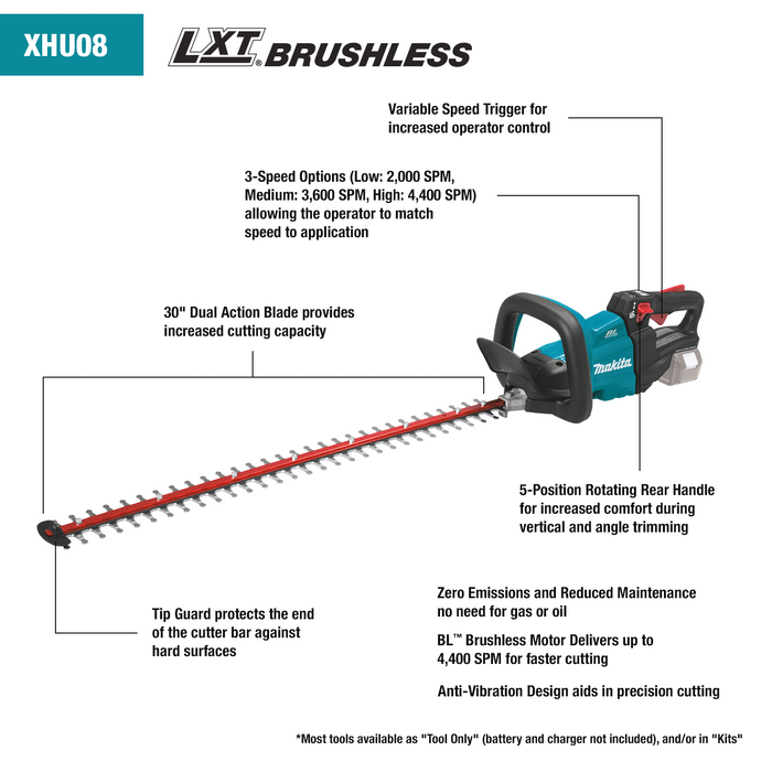 Makita (XHU08T) 18V LXT® Brushless 30" Hedge Trimmer Kit (5.0Ah)