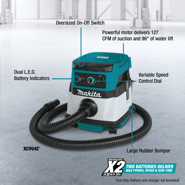 Makita (XCV04Z) Extractor/aspiradora de polvo seco con filtro HEPA de 36 V (X2) LXT®/con cable de 2,1 galones, (solo herramienta) 