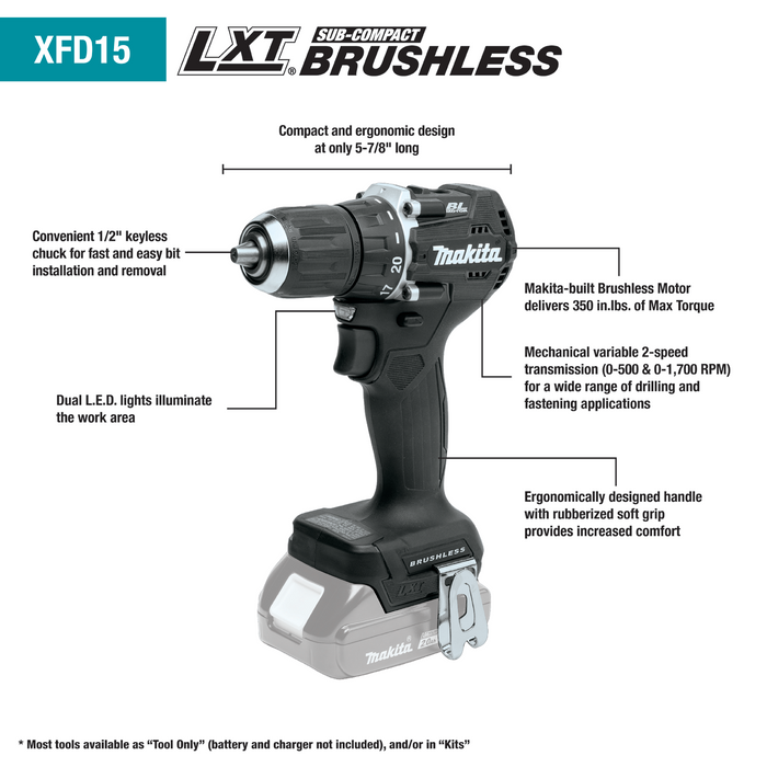 Makita (XFD15RB) 18V LXT® Sub-Compact Brushless 1/2" Driver-Drill Kit (2.0Ah)