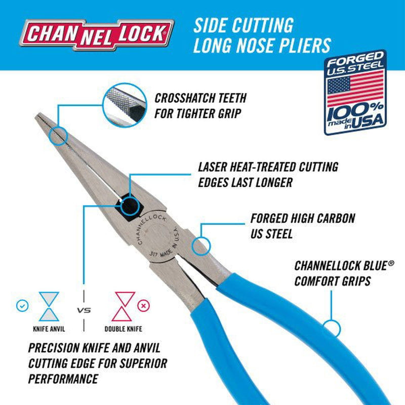 CHANNELLOCK 317 | 8-in. Long Nose Pliers with Side Cutter - Pacific Power Tools