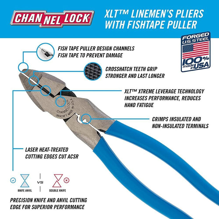 CHANNELLOCK 369CRFT | 9.5-in. Linemen's Plier, Hi-Leverage with Crimper/Cutter and Fish Tape Puller - Pacific Power Tools