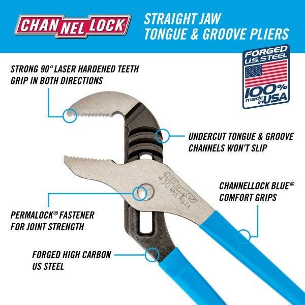 CHANNELLOCK 430 | 10-in. Straight Jaw Tongue & Groove Pliers - Pacific Power Tools
