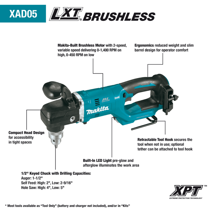 Makita (XAD05T-R) 18V LXT® Brushless 1/2" Right Angle Drill Kit (5.0Ah) (Factory Reconditioned)