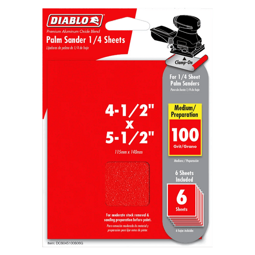 Diablo | 4 - 1/2" x 5 - 1/2" 100 - Grit Palm Sander 1/4 Sanding Sheets (6 - Pack) - Pacific Power Tools