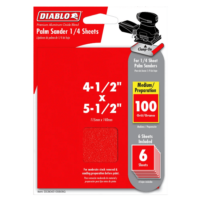 Diablo | 4 - 1/2" x 5 - 1/2" 100 - Grit Palm Sander 1/4 Sanding Sheets (6 - Pack) - Pacific Power Tools