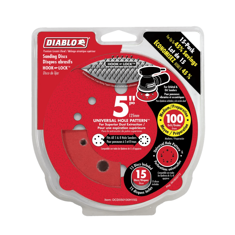 Diablo | 5" 100 - Grit Hook & Lock™ ROS Sanding Discs (15 - Pack) - Pacific Power Tools