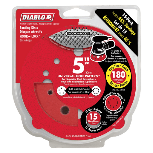 Diablo | 5" 180 - Grit Hook & Lock™ ROS Sanding Discs (15 - Pack) - Pacific Power Tools