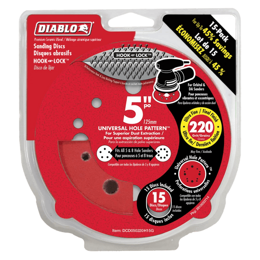 Diablo | 5" 220 - Grit Hook & Lock™ ROS Sanding Discs (15 - Pack) - Pacific Power Tools