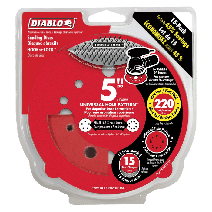 Diablo | 5" 220 - Grit Hook & Lock™ ROS Sanding Discs (15 - Pack) - Pacific Power Tools