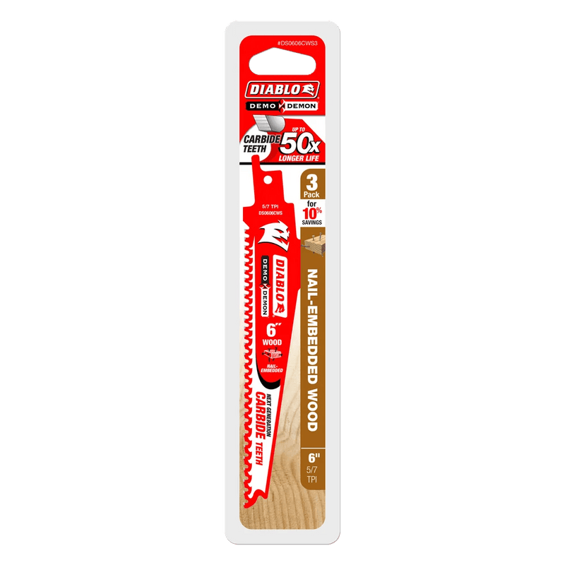 Diablo | 6" 5/7 TPI Demo Demon™ Carbide Teeth Reciprocating Saw Blades for Nail - Embedded Wood (3 - Pack) - Pacific Power Tools