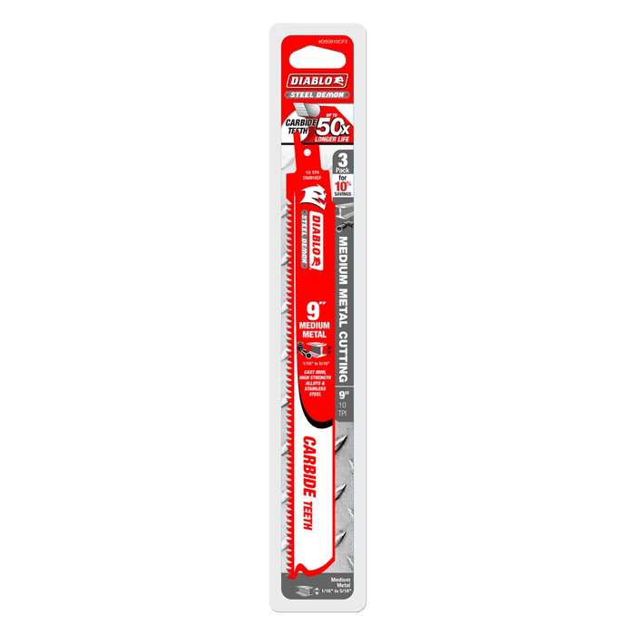 thumbnail image 2 of DIABLO 9 In. 6/9 TPI Demo Demon Carbide General Purpose Reciprocating Saw Blade  3-Pack  With 3 Bonus Carbide Blades Ds0909cgp3put 2 of 11