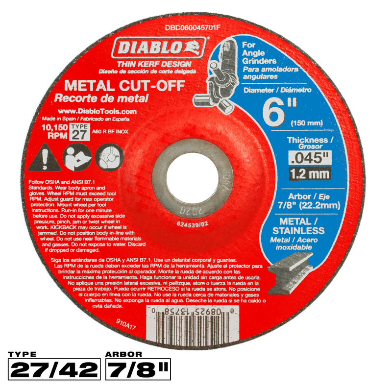 Diablo (DBD060045701F) 6" Type 27 Metal Cut - Off Disc - Pacific Power Tools
