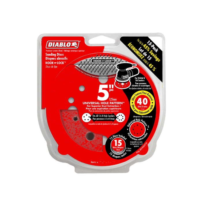 Diablo (DCD050040H15G) 5" 40 - Grit Hook & Lock™ ROS Sanding Discs (15 - Pack) - Pacific Power Tools