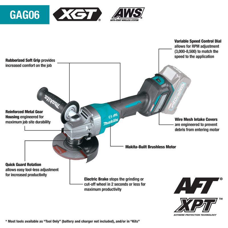 Makita (GAG06M1) 40V max XGT® Brushless 4-1/2” / 5" Paddle Switch Angle Grinder Kit, Electric Brake, AWS® Capable (4.0Ah)