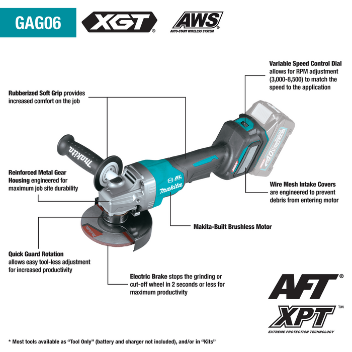 Makita (GAG06M1) 40V max XGT® Brushless 4-1/2” / 5" Paddle Switch Angle Grinder Kit, Electric Brake, AWS® Capable (4.0Ah)