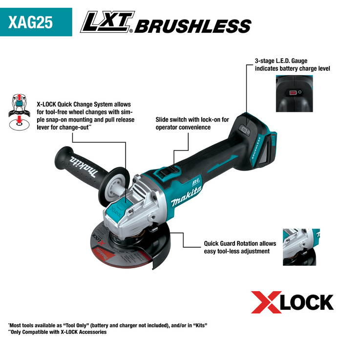Makita (XAG25Z-R) 18V LXT® Brushless 4‑1/2” / 5" X‑LOCK Angle Grinder, with AFT® (Tool Only) (Factory Reconditioned)