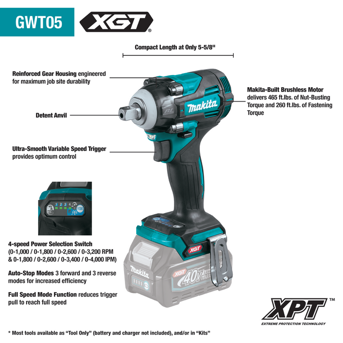 Makita (GWT05D) 40V max XGT® Brushless 4‑Speed 1/2" Sq. Drive Impact Wrench Kit w/ Detent Anvil (2.5Ah)