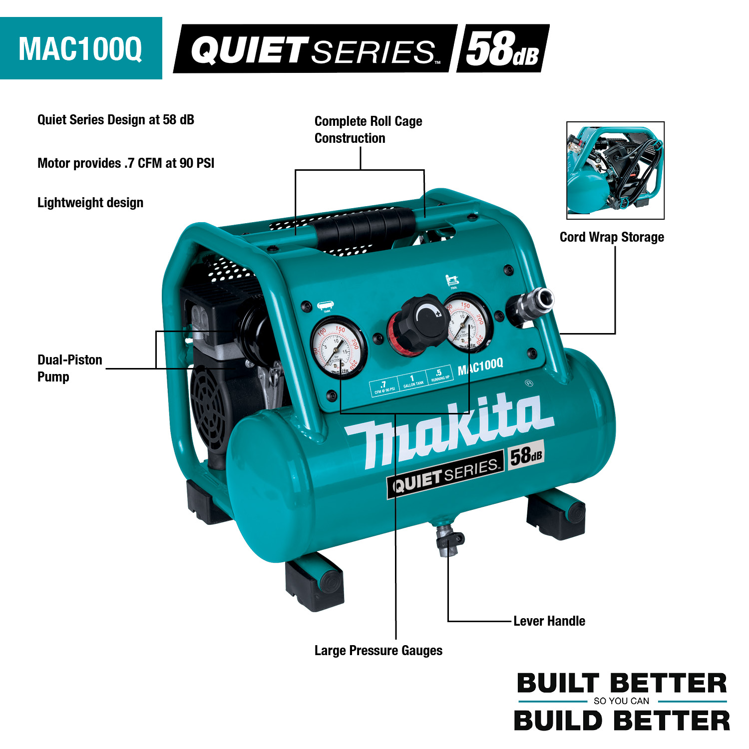 Makita (MAC100Q-R) Quiet Series 1/2 HP, 1 Gal Compact, Oil‑Free, Electric Air Compressor (Factory Reconditioned)