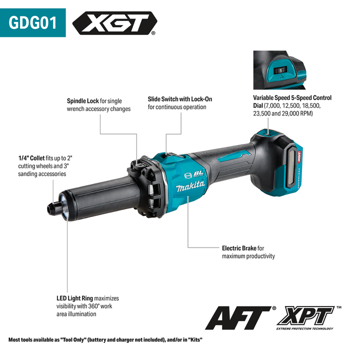 Makita (GDG01Z) 40V max XGT® Brushless 1/4" Slide Switch Die Grinder, Variable Speed, with Electric Brake (Tool Only)