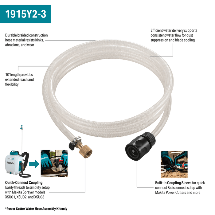 Makita (1915Y2 - 3) 10' Power Cutter Water Hose Assembly Kit, XSU01, XSU02, XSU03 - Pacific Power Tools