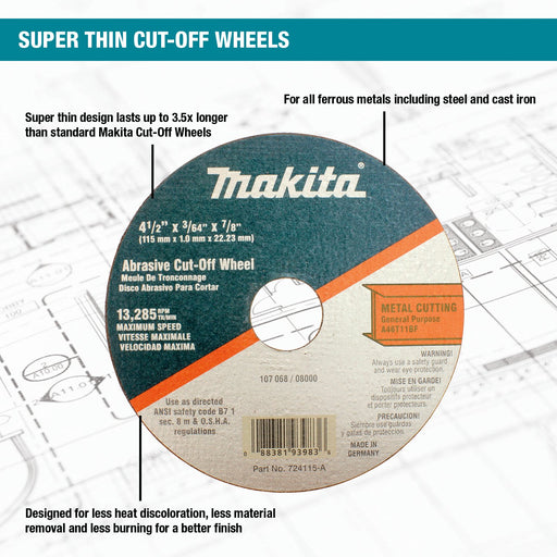 Makita (724115 - A - 25) 4 - 1/2" x 7/8" x 3/64" Super Thin Cut - off Wheel, Metal - Pacific Power Tools