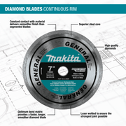 Makita (A - 95087) 7" Diamond Blade, Continuous Rim, General Purpose - Pacific Power Tools