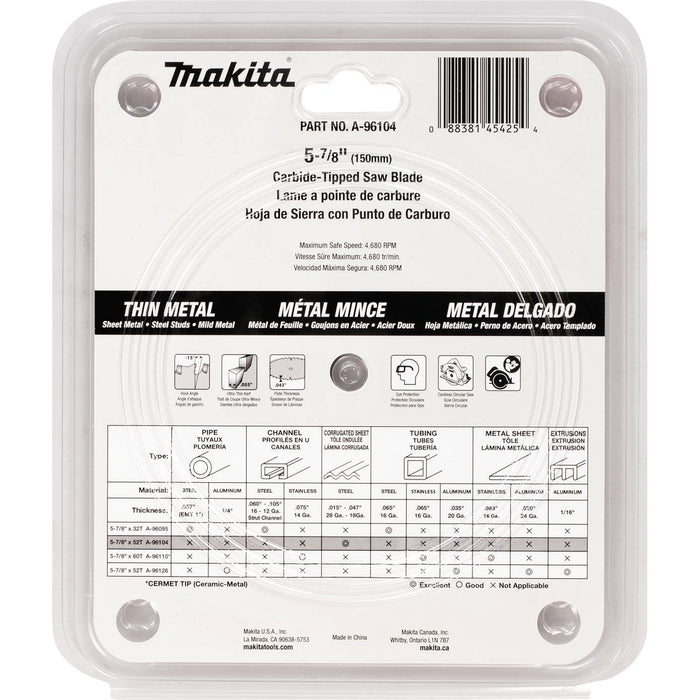Makita (A - 96104) 5 - 7/8" 52T Carbide - Tipped Saw Blade, Thin Metal - Pacific Power Tools