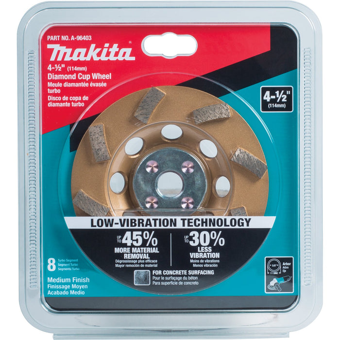 Makita (A - 96403) 4 - 1/2" Low - Vibration Diamond Cup Wheel, 8 Segment Turbo - Pacific Power Tools