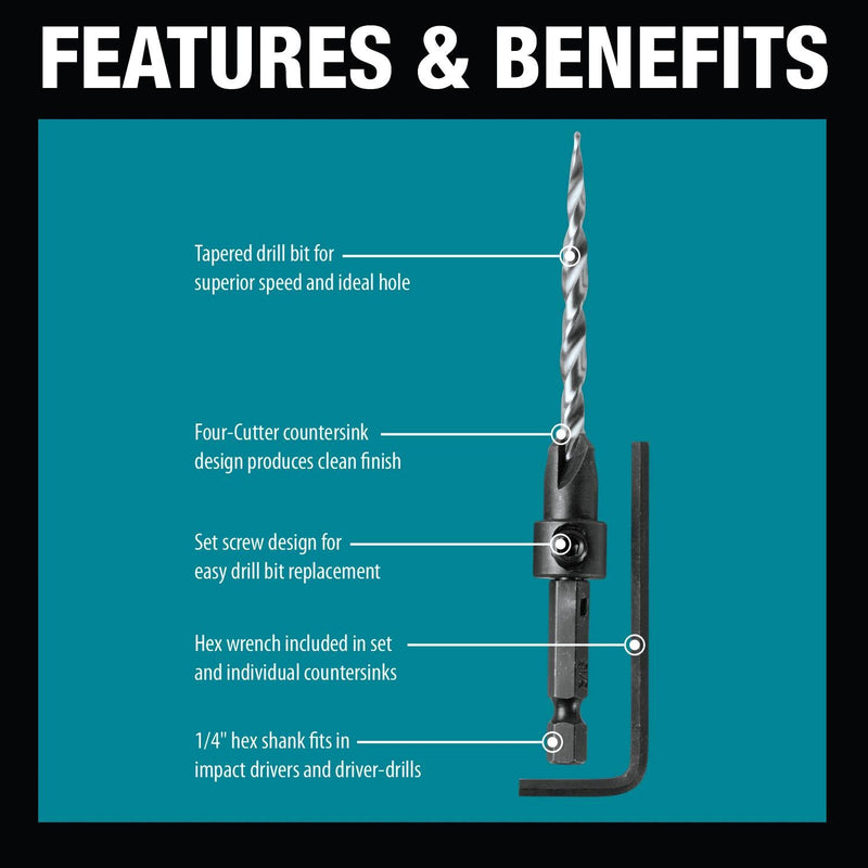 Makita (A - 99661) 3 Pc. Countersink with Drill Bit Set with Hex Wrench - Pacific Power Tools