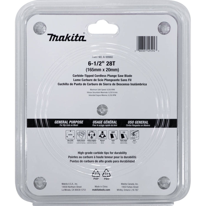 Makita (A - 99960) 6‑1/2" 28T Carbide‑Tipped Cordless Plunge Saw Blade - Pacific Power Tools