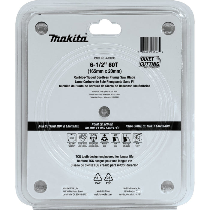 Makita (A - 99998) 6 - 1/2" 60T (TCG) Carbide - Tipped Plunge Saw Blade, MDF, Laminate - Pacific Power Tools