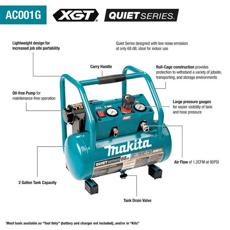 Makita (AC001GZ) 40V max XGT® Brushless 2 Gallon Quiet Series Compressor (Tool Only) - Pacific Power Tools