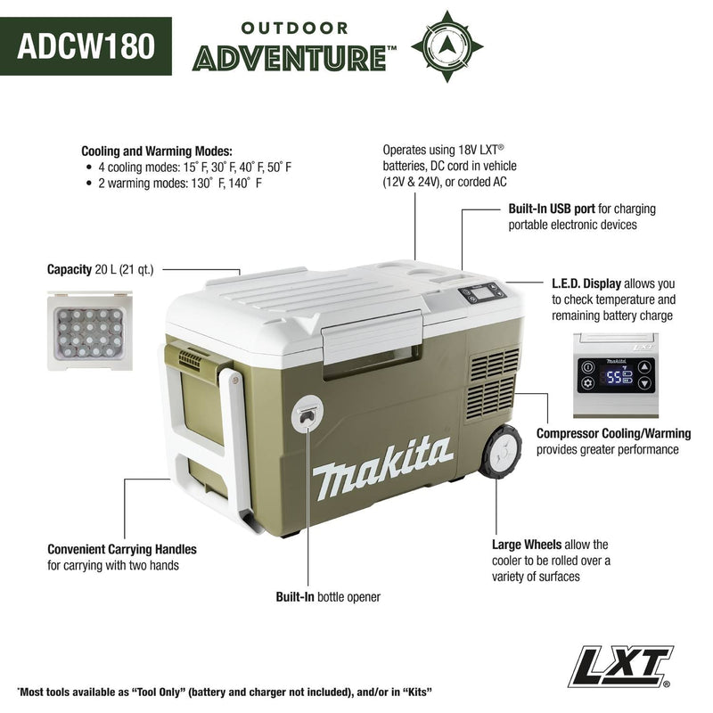Makita (ADCW180Z) Outdoor Adventure® 18V X2 LXT®, 12V/24V DC Auto, and AC Cooler/Warmer (Tool Only) - Pacific Power Tools