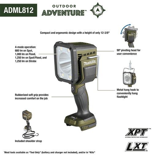 Makita (ADML812) Outdoor Adventure® 18V LXT® L.E.D. Flashlight/Spotlight (Light Only) - Pacific Power Tools