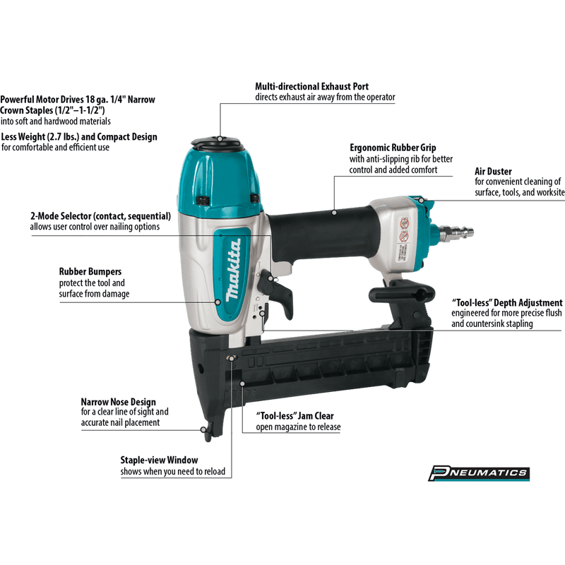 Makita (AT638A) 1/4" Narrow Crown Stapler, 18 Gauge - Pacific Power Tools