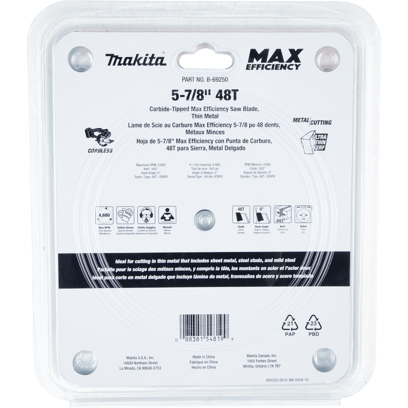 Makita (B - 69250) 5 - 7/8" 48T Carbide - Tipped Max Efficiency Saw Blade, Thin Metal - Pacific Power Tools