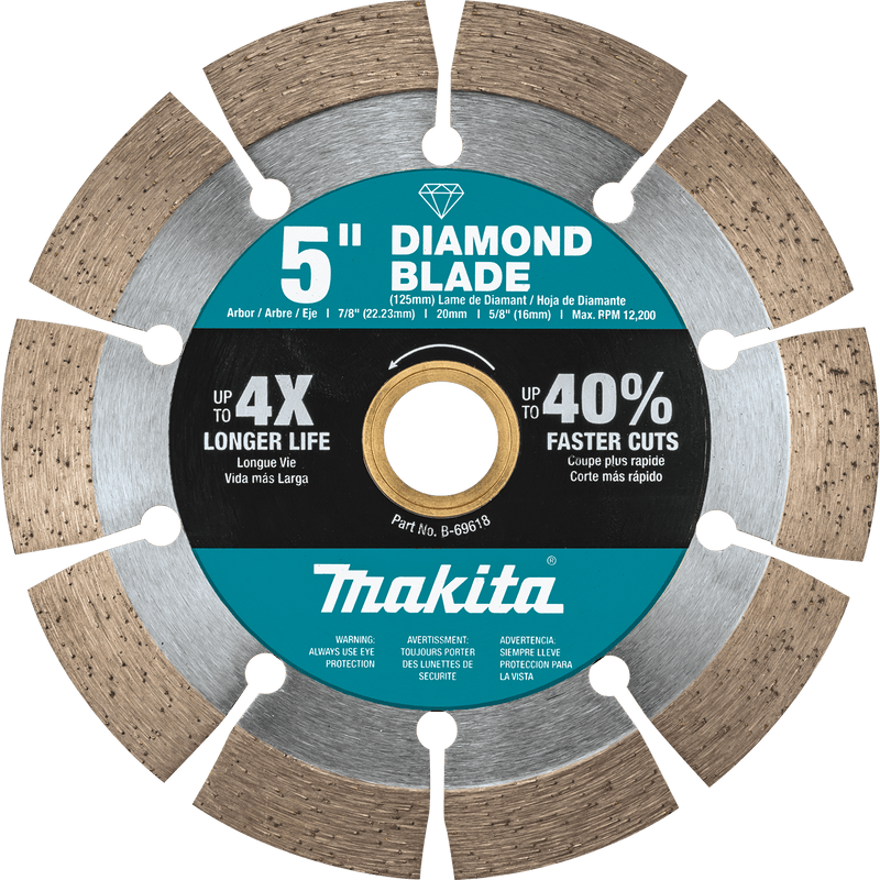 Makita 5-inch segmented diamond blade for masonry; fast cuts in concrete, block, brick, and pavers.