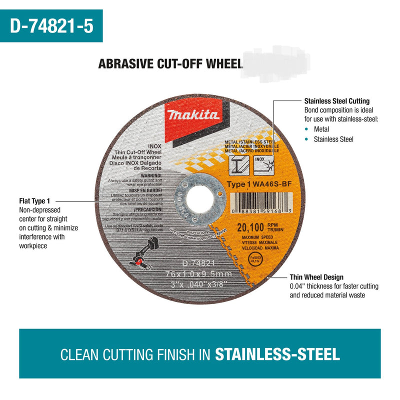 Makita (D - 74821 - 5) 3" INOX Thin Cut - Off Wheel - Pacific Power Tools